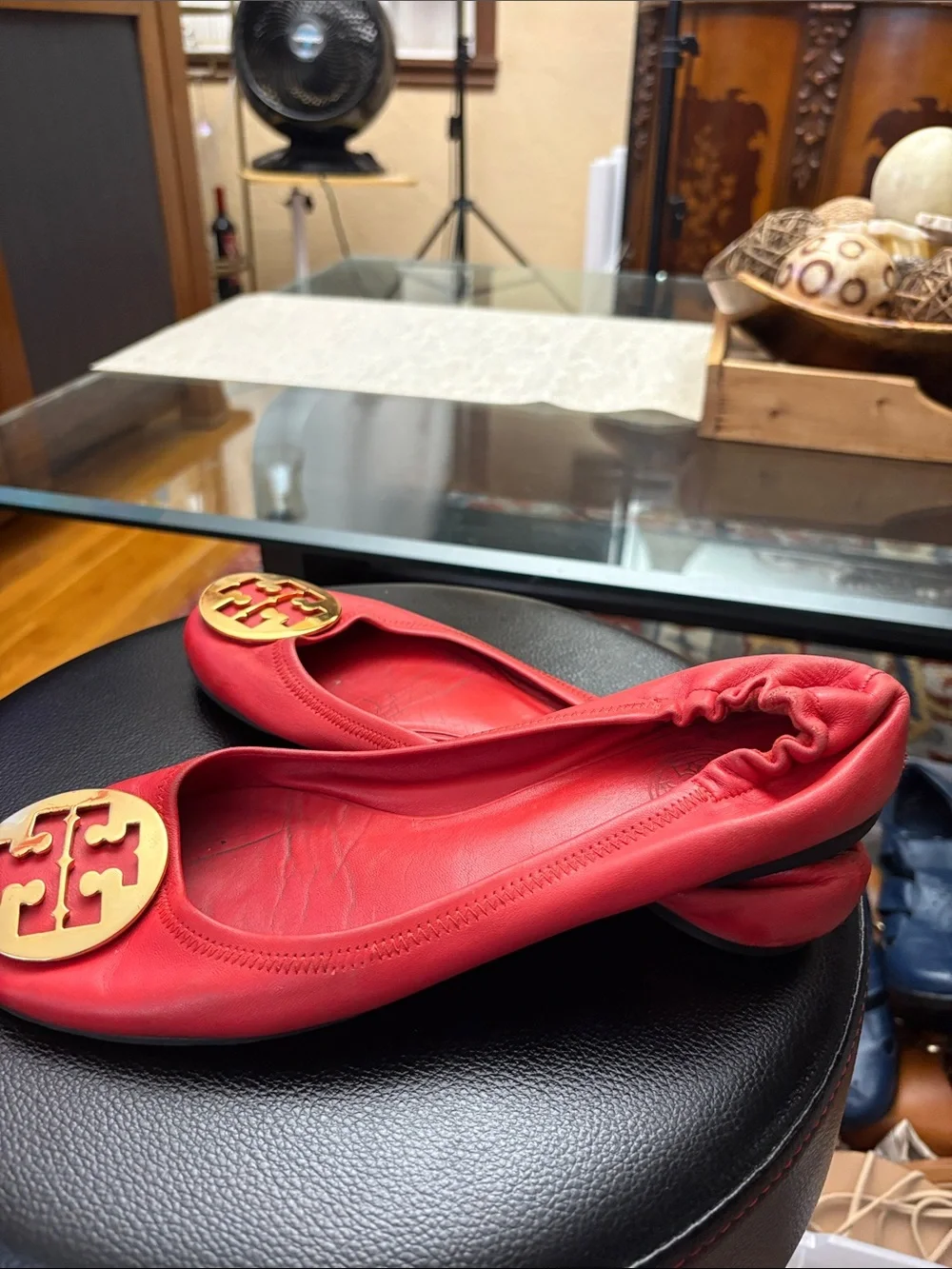 Tory Burch Red Leather Ballet Flats with Gold Logo Medallion